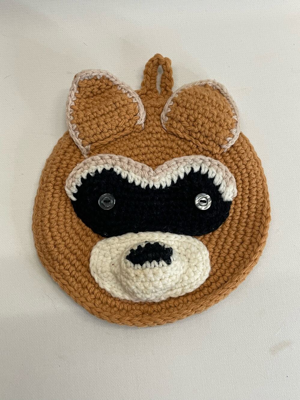 Handmade Crochet Racoon 3D Pot Holder Vintage Grandama-core Kitschy Kitchen